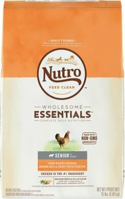 Nutro Wholesome Essentials Senior Farm Raised Chicken, Brown Rice & Sweet Potato Recipe Dry Dog Food, 15-lb