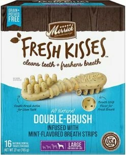 Merrick Fresh Kisses Double-Brush Mint Breath Strips Large Grain-Free Dental Dog Treats, 16 Count